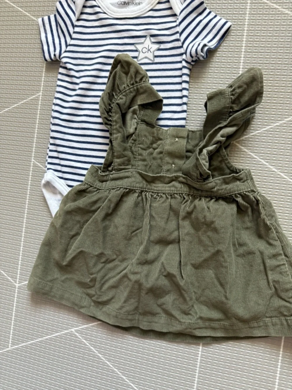 Carters|Baby girl boho set,white Striped Onesie & Olive corduroy pinafore dress•
